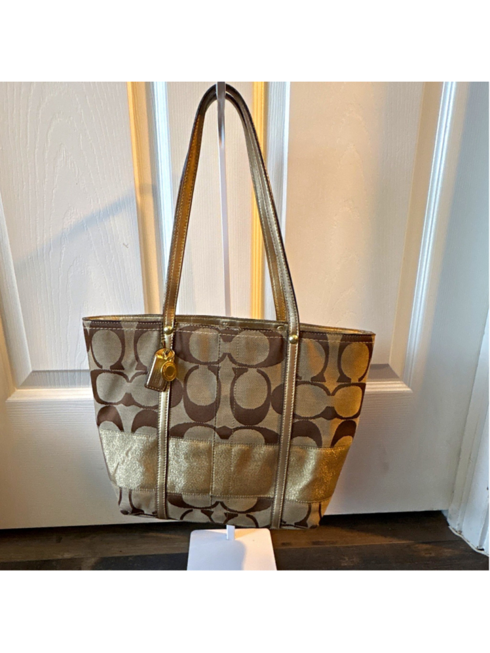 Coach 11098 Signature Stripe Tote Khaki Brown Gold Metallic Y2K Charm Gold